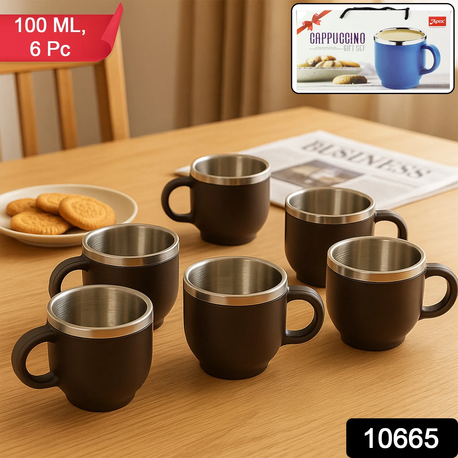 Apex Premium Double Wall Stainless Steel Cappuccino Mug Gift Set (6 Pc / 100 ML) - Image 2