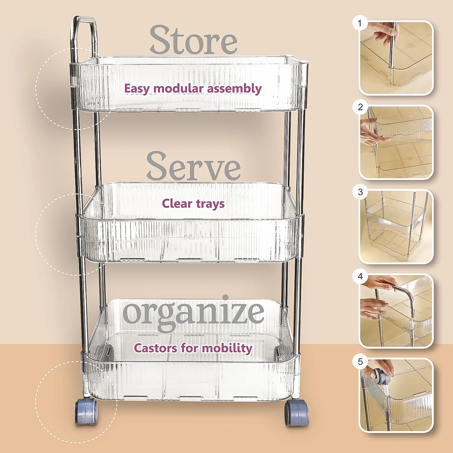 Apex Sapphire 3-Layer Multipurpose Storage Trolley with Wheels - Image 4