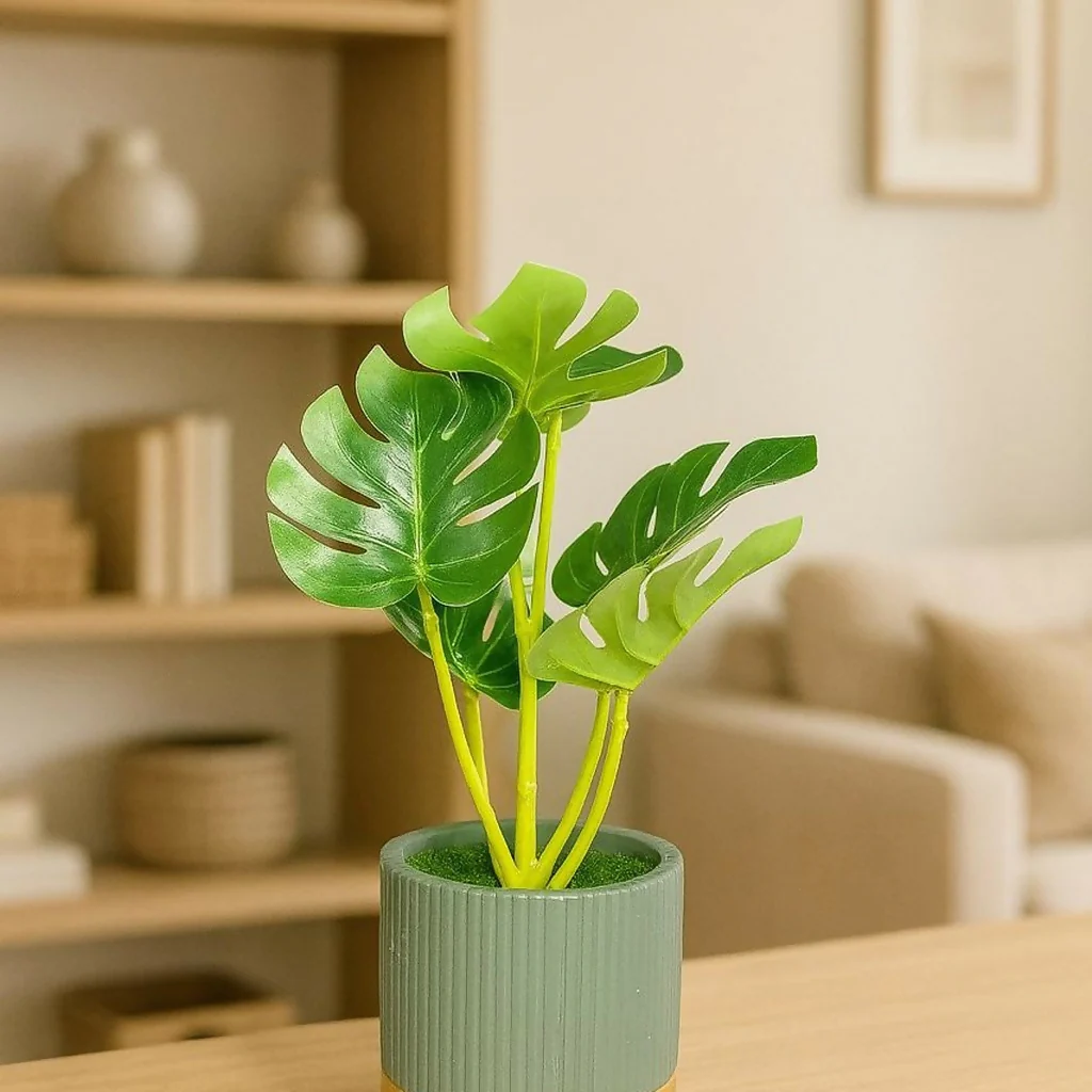 Artificial Monstera Leaf Tabletop Plant with Decorative Pot for Home Décor - Image 2