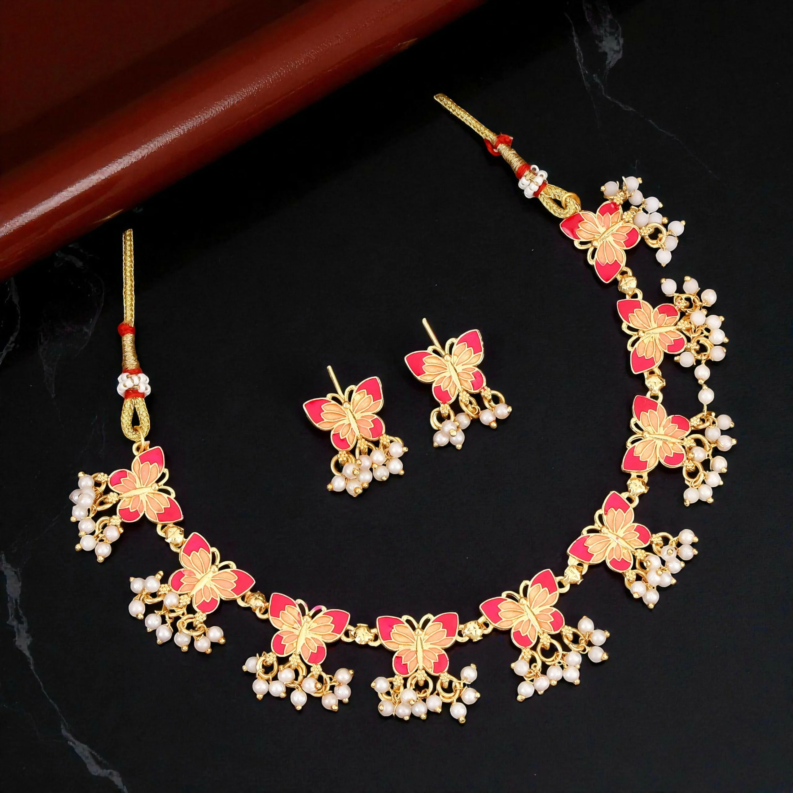 Artistic Meenakari Butterfly Choker Necklace Set with Pearl Drops - Image 3