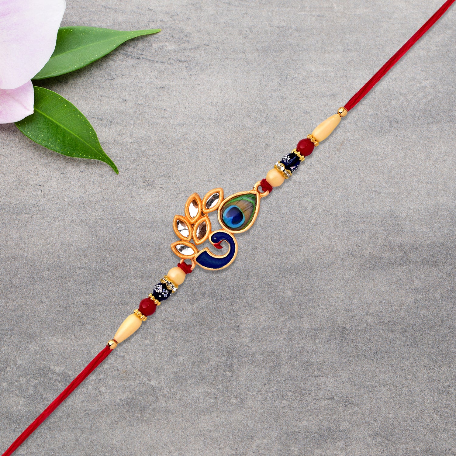 Artistic Mor Pankh Rakhi with Colorful Enamel and Traditional Thread - Image 3