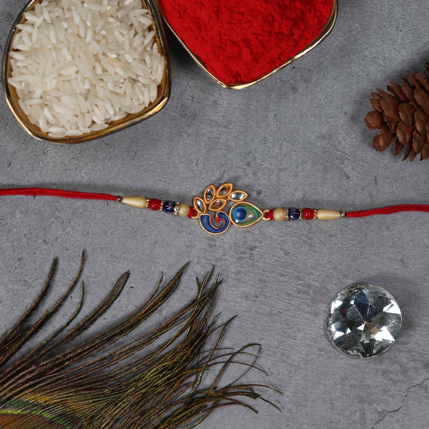 Artistic Mor Pankh Rakhi with Colorful Enamel and Traditional Thread - Image 5