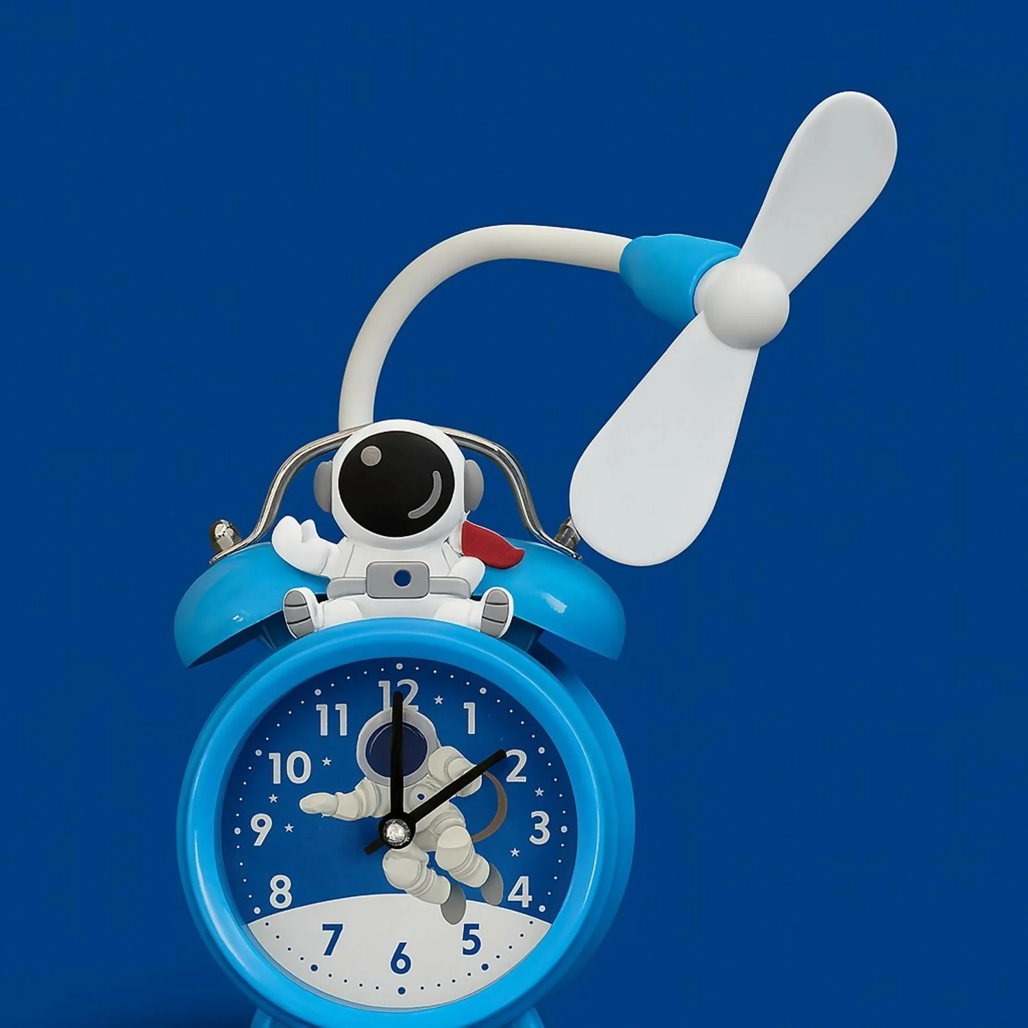 Astronaut Design Kids Alarm Clock with Cooling Fan | Cute Blue Cartoon Space Themed Table Clock for Kids Bedroom, Study Table & Gifting | Silent Analog Quartz Clock with Fan – Battery Operated - Image 2
