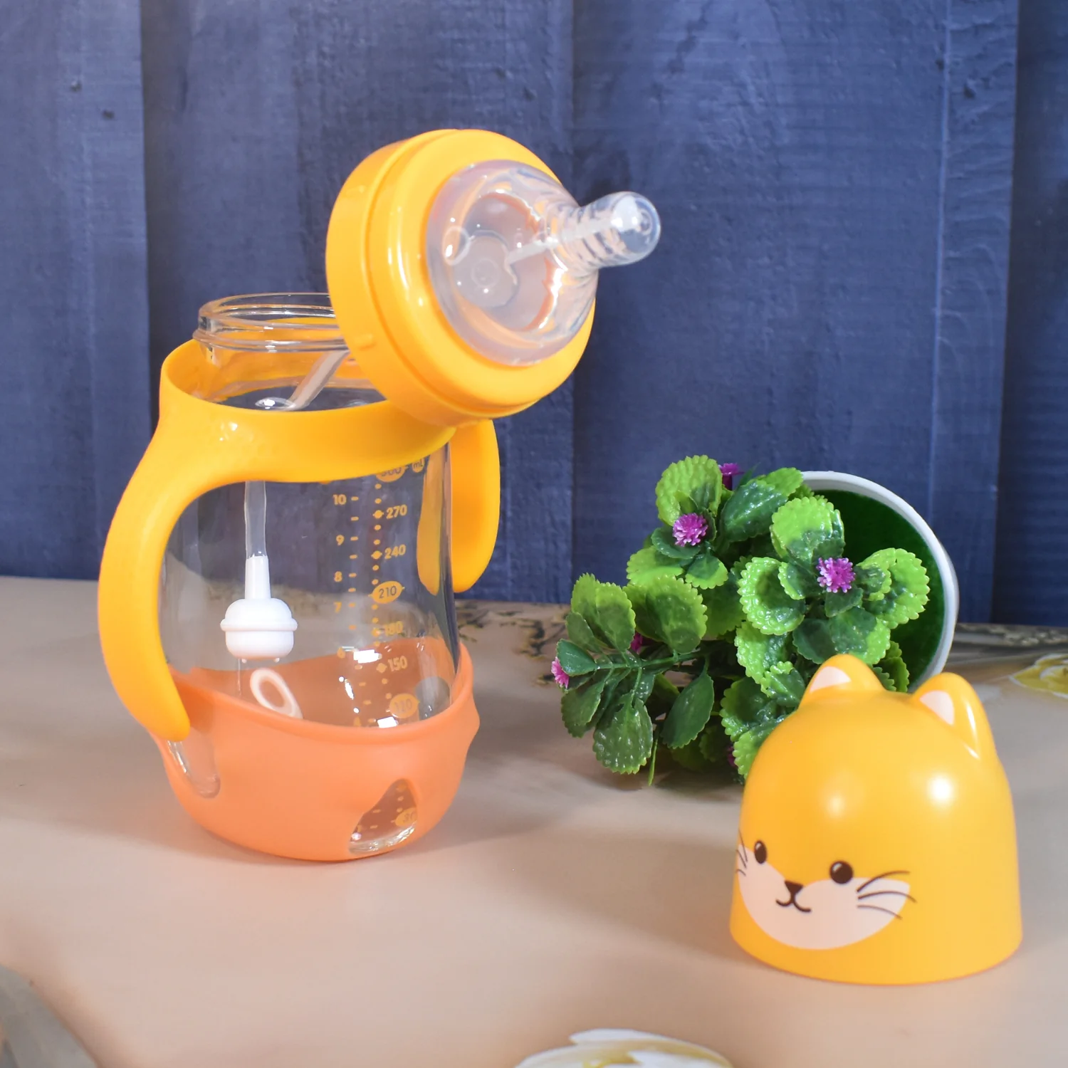 Glass Baby Feeding Bottle with Handles & Straw (300 ML / 1 Pc) - Image 3