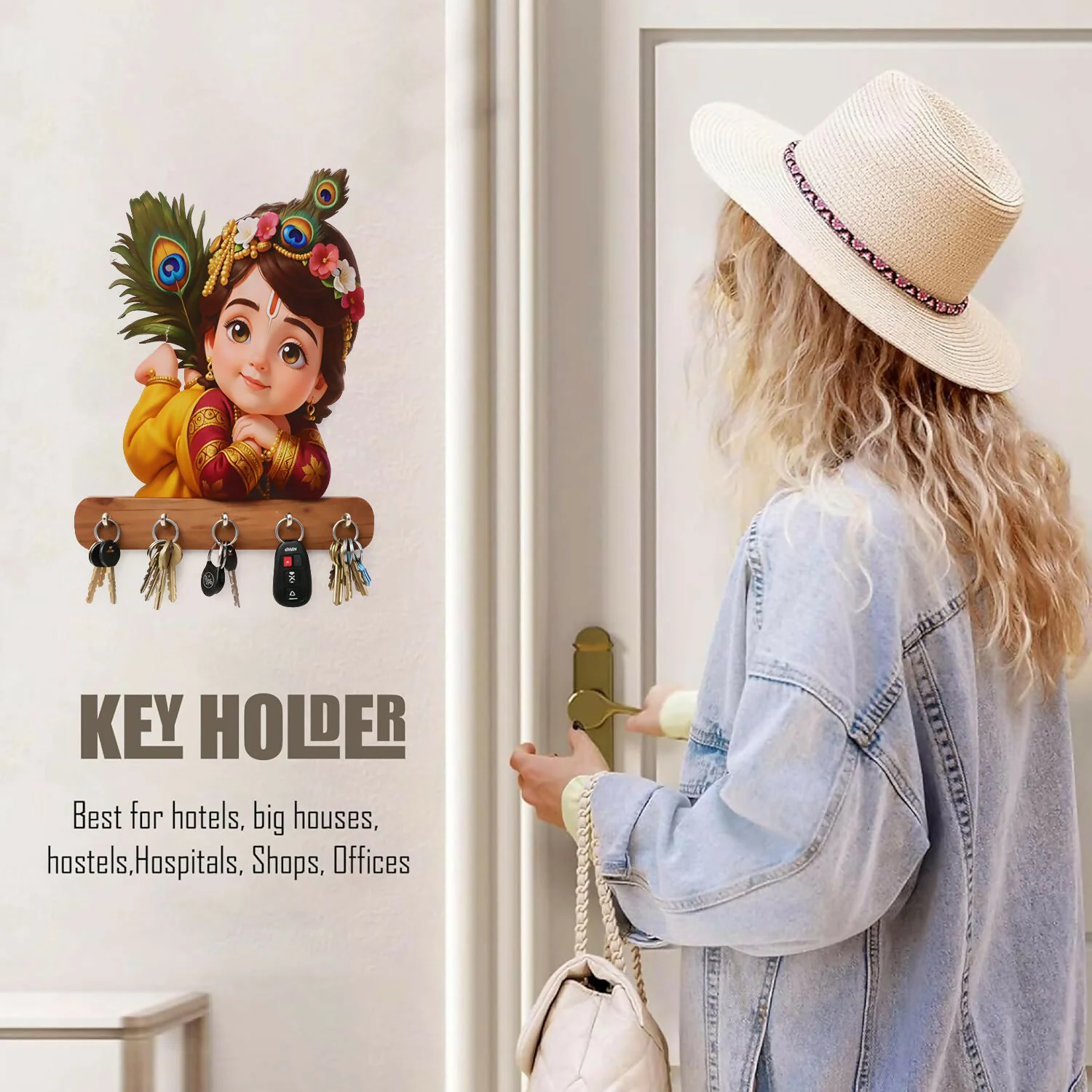Baby Krishna Wall Key Holder with 5 Hooks – Self Adhesive - Image 2