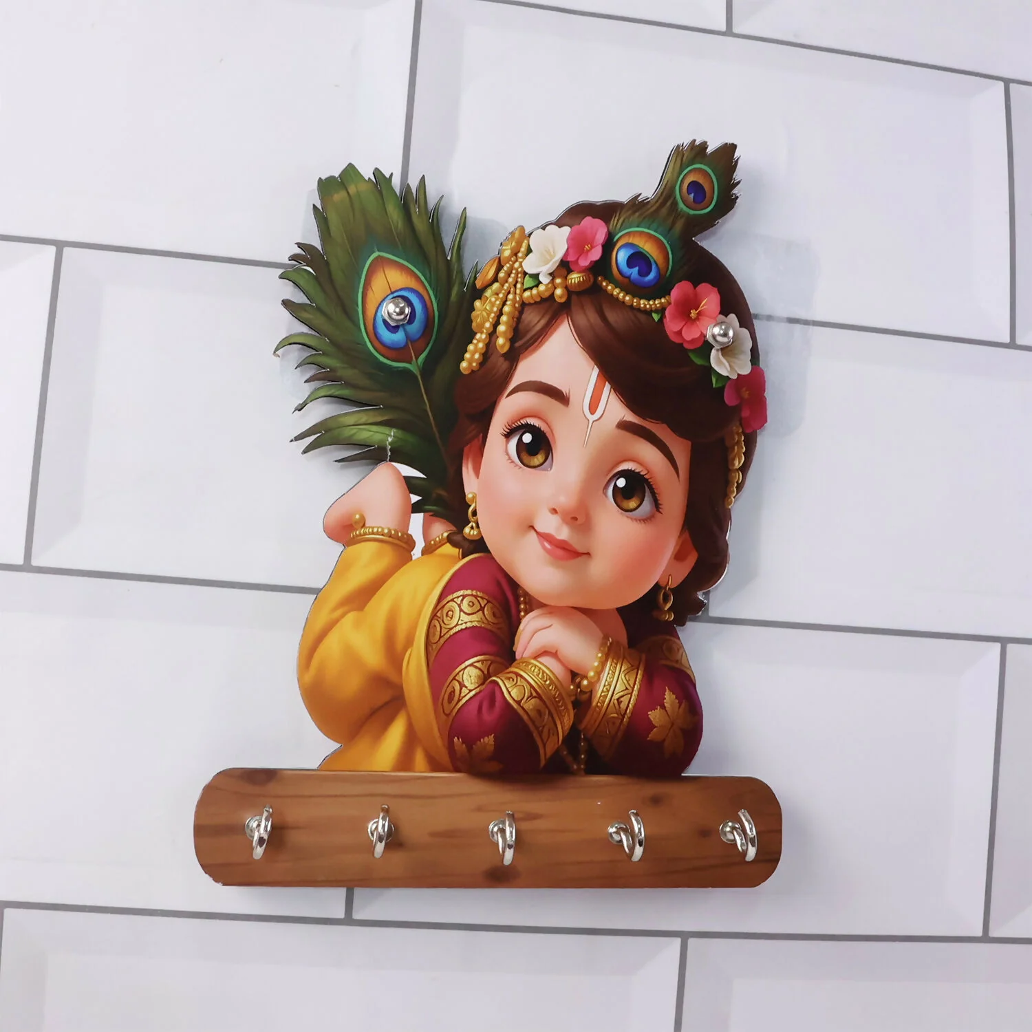 Baby Krishna Wall Key Holder with 5 Hooks – Self Adhesive - Image 4