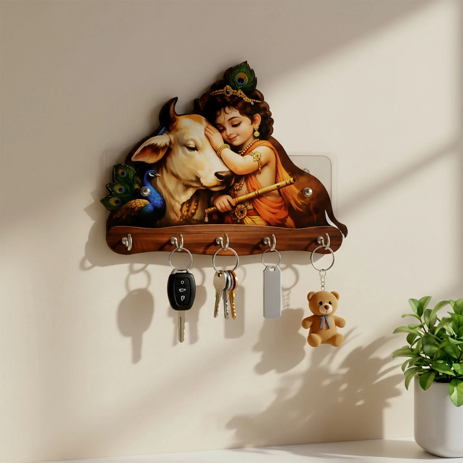 Baby Krishna with Cow Wooden Wall Key Holder – 5 Hooks Organizer - Image 2