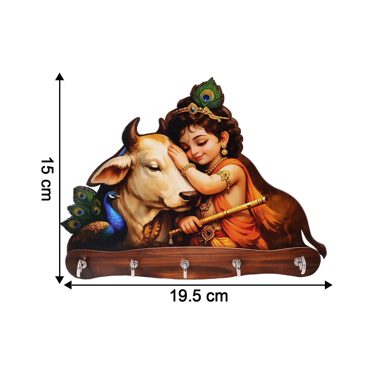 Baby Krishna with Cow Wooden Wall Key Holder – 5 Hooks Organizer - Image 5