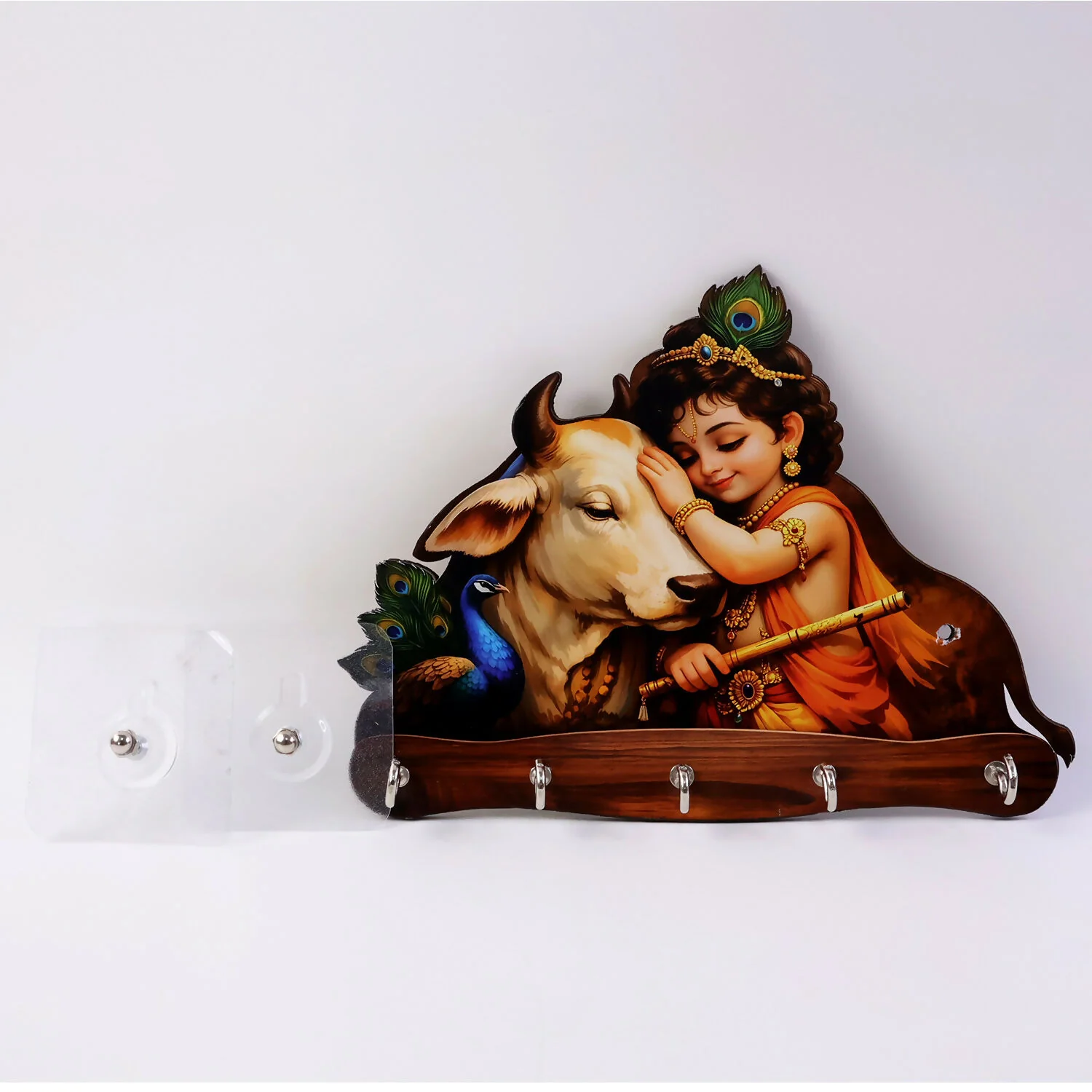 Baby Krishna with Cow Wooden Wall Key Holder – 5 Hooks Organizer - Image 6