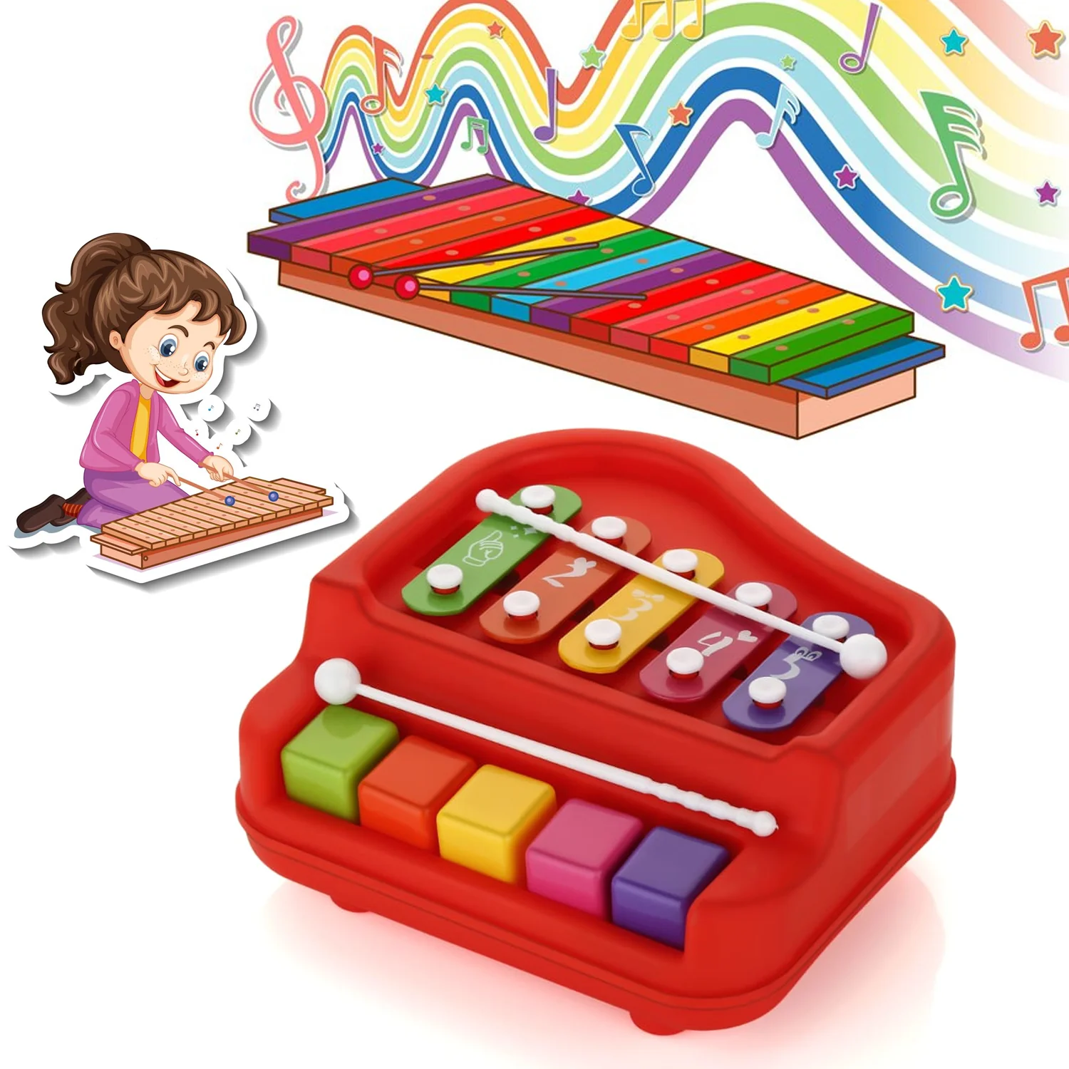 2 in 1 Baby Piano Xylophone Toy for Toddlers, 5 Multicolored Key Keyboard Xylophone Piano, Preschool Educational Musical Learning Instruments Toy for Baby Kids Girls Boys 3+ Years (1 Pc) - Image 6
