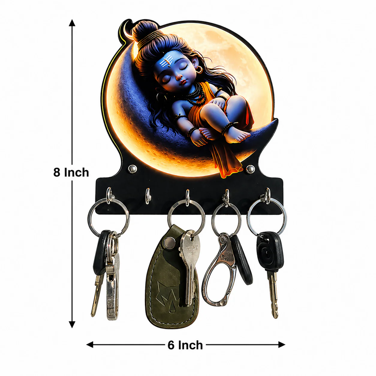 Baby Shiva Wooden Printed Key Holder with 5 Hooks & Self-Adhesive No-Drill Wall Mount - Image 2