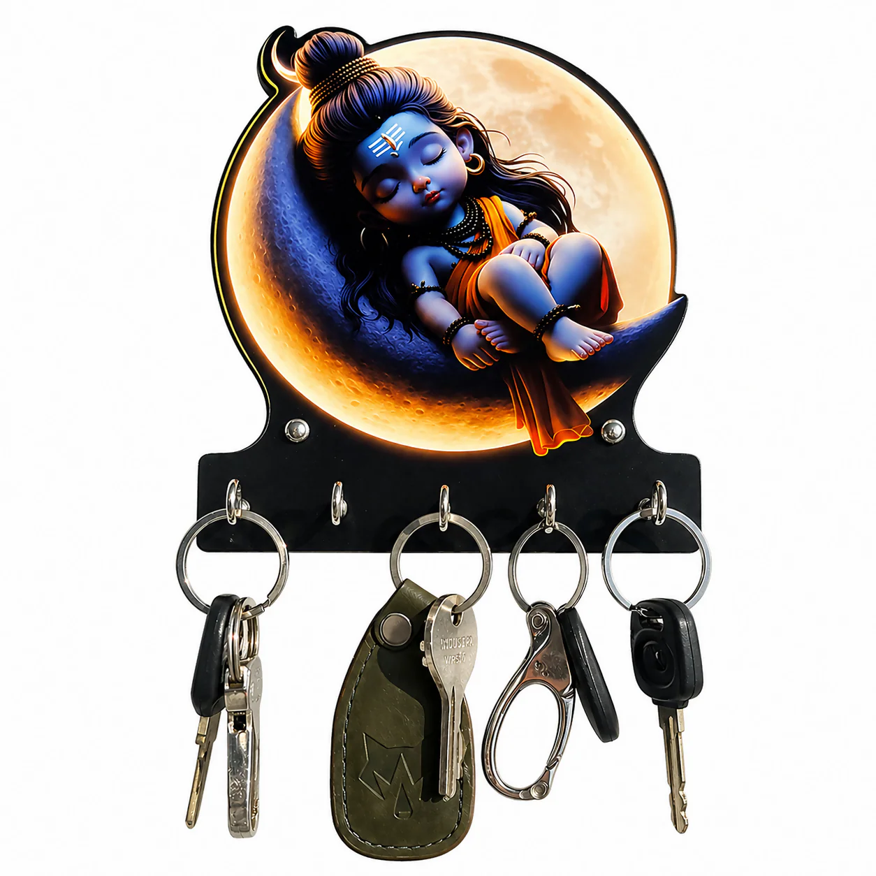 Baby Shiva Wooden Printed Key Holder with 5 Hooks & Self-Adhesive No-Drill Wall Mount - Image 3