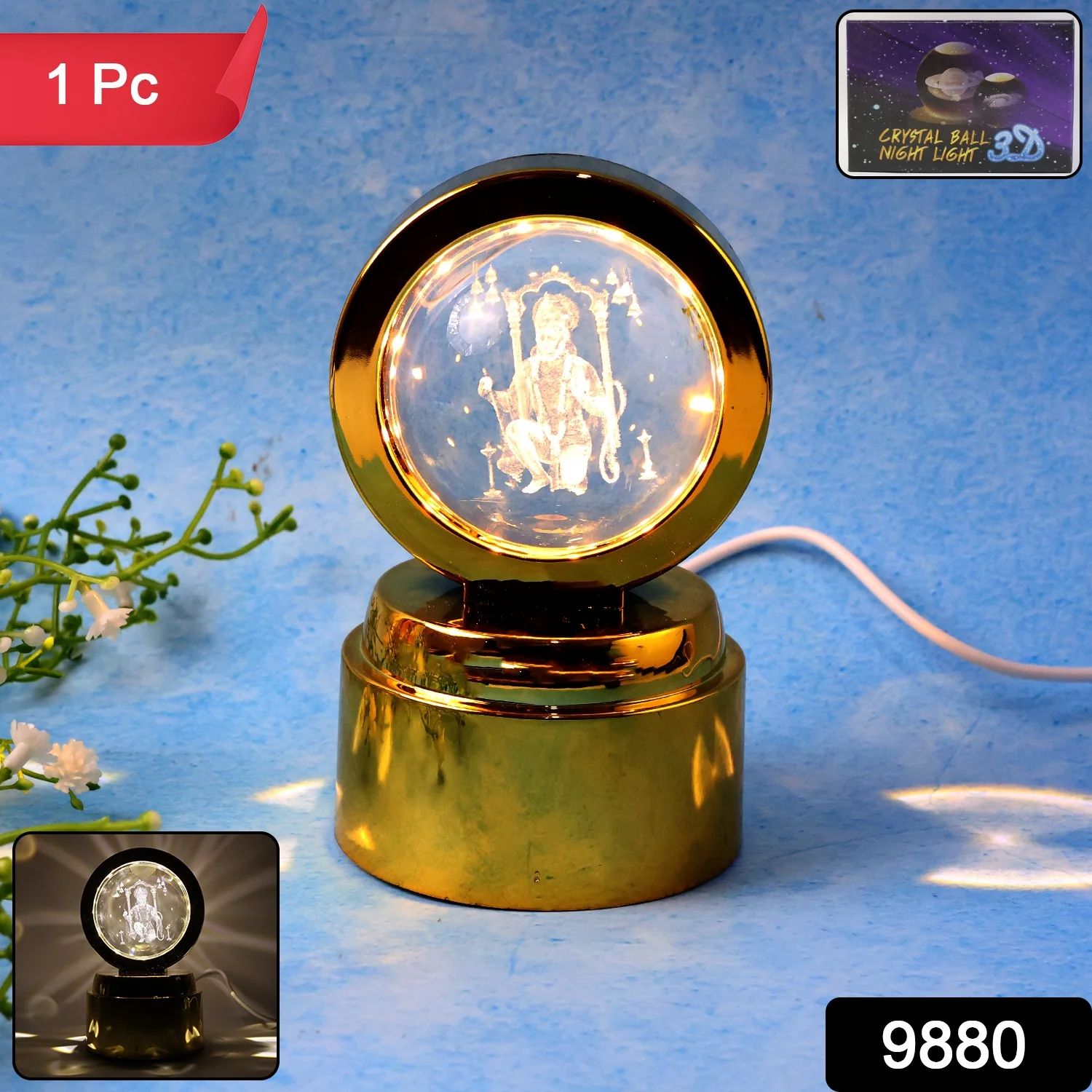 Bajrang Bali 3D Crystal Ball Night Light with LED Illumination (1 Pc) - Image 2