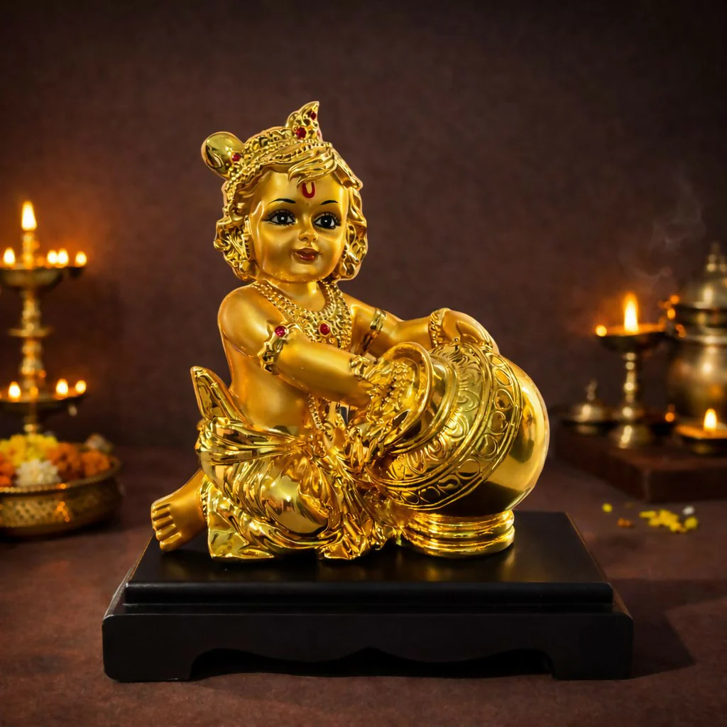 Bal Krishna Butter Pot Idol Golden Finish Statue for Home Temple Decor - Image 2