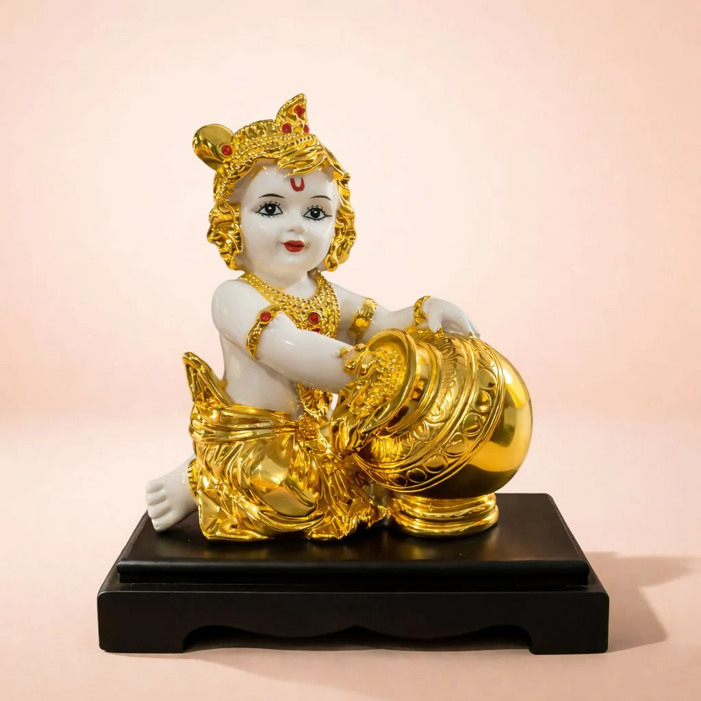 Bal Krishna Idol with Butter Pot Golden Showpiece for Home Temple Décor - Image 2