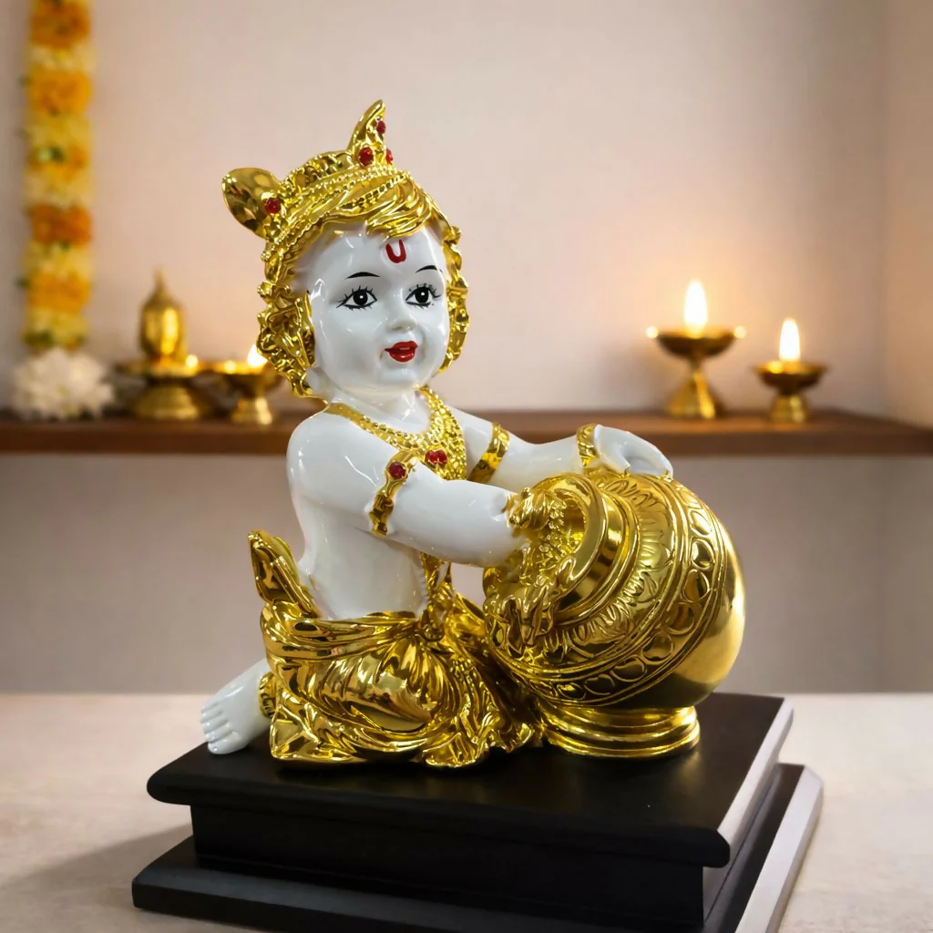 Bal Krishna Idol with Butter Pot Golden Showpiece for Home Temple Décor - Image 3