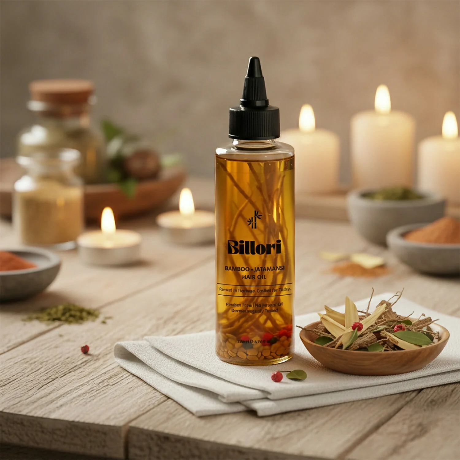 Bamboo Jatamansi Hair Oil with Methi Seeds, Gunja Seeds, Vetiver Roots & a trio of Rice Bran, Sesame & Castor Oils (200 ml) - Image 3