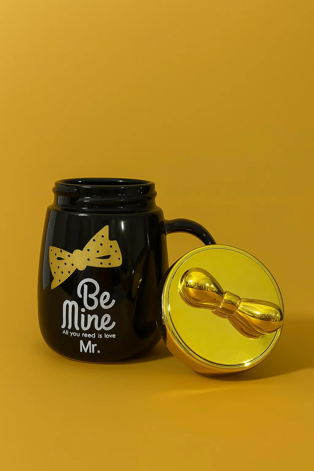 "Be Mine Mr. Black Ceramic Coffee Mug with Golden Lid and Bow Tie - Image 3