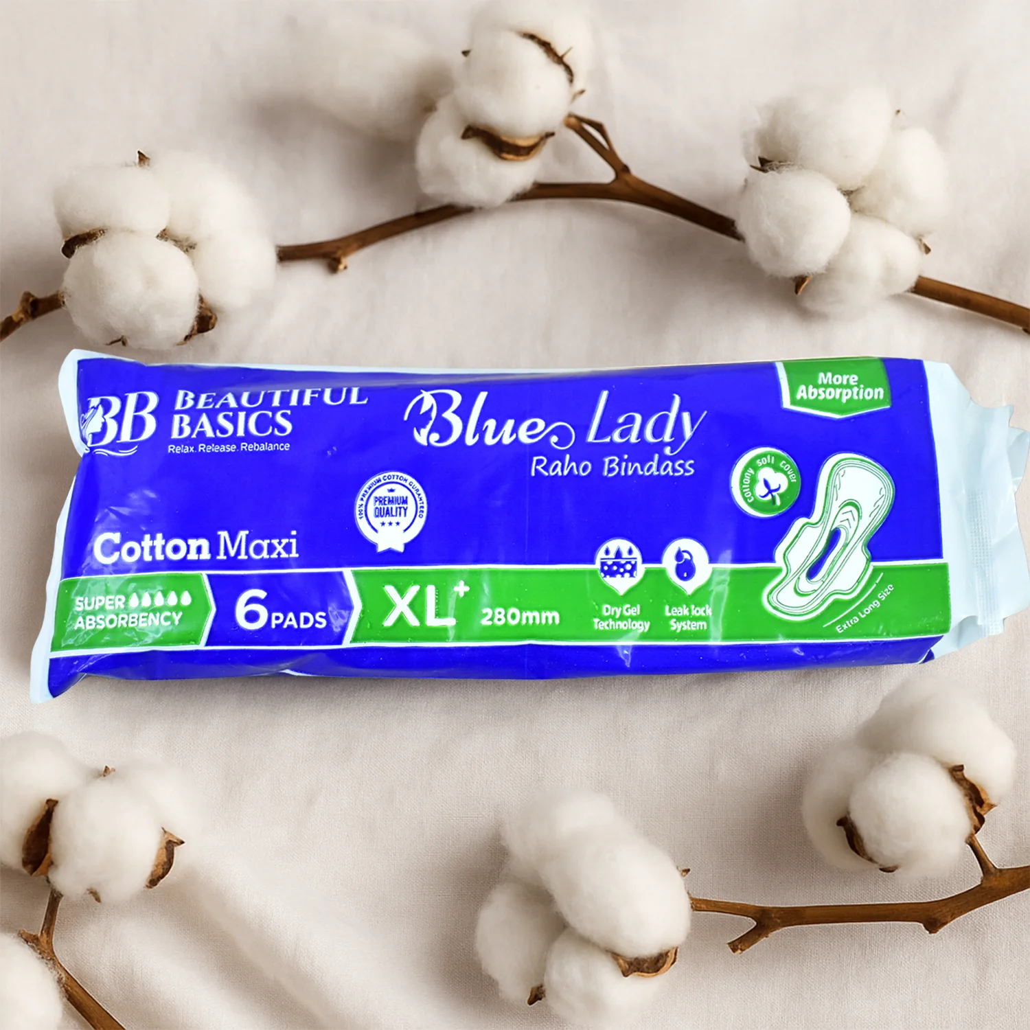 Beautiful Basics Blue Lady Sanitary Pads XL 280mm (6 Pc) - Image 3