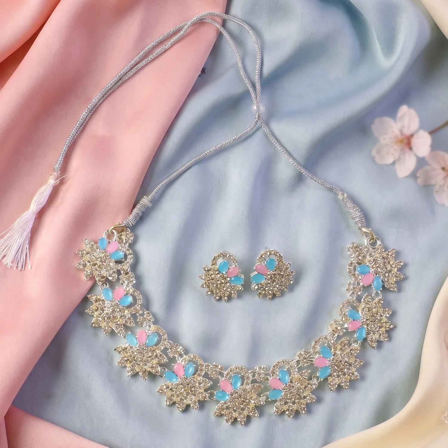 Beautiful Blue and Pink Floral Necklace Set with Matching Earrings for Festive Events - Image 2