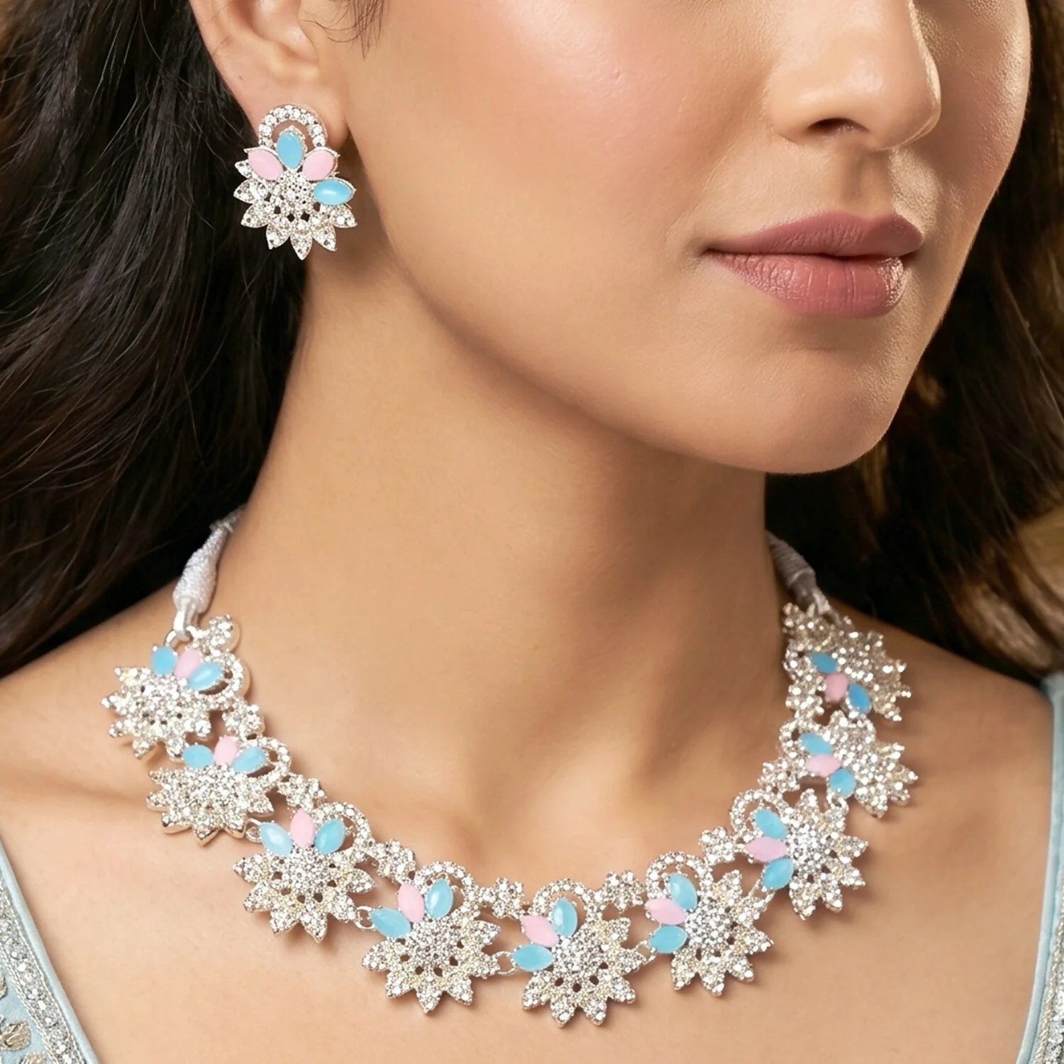 Beautiful Blue and Pink Floral Necklace Set with Matching Earrings for Festive Events - Image 3