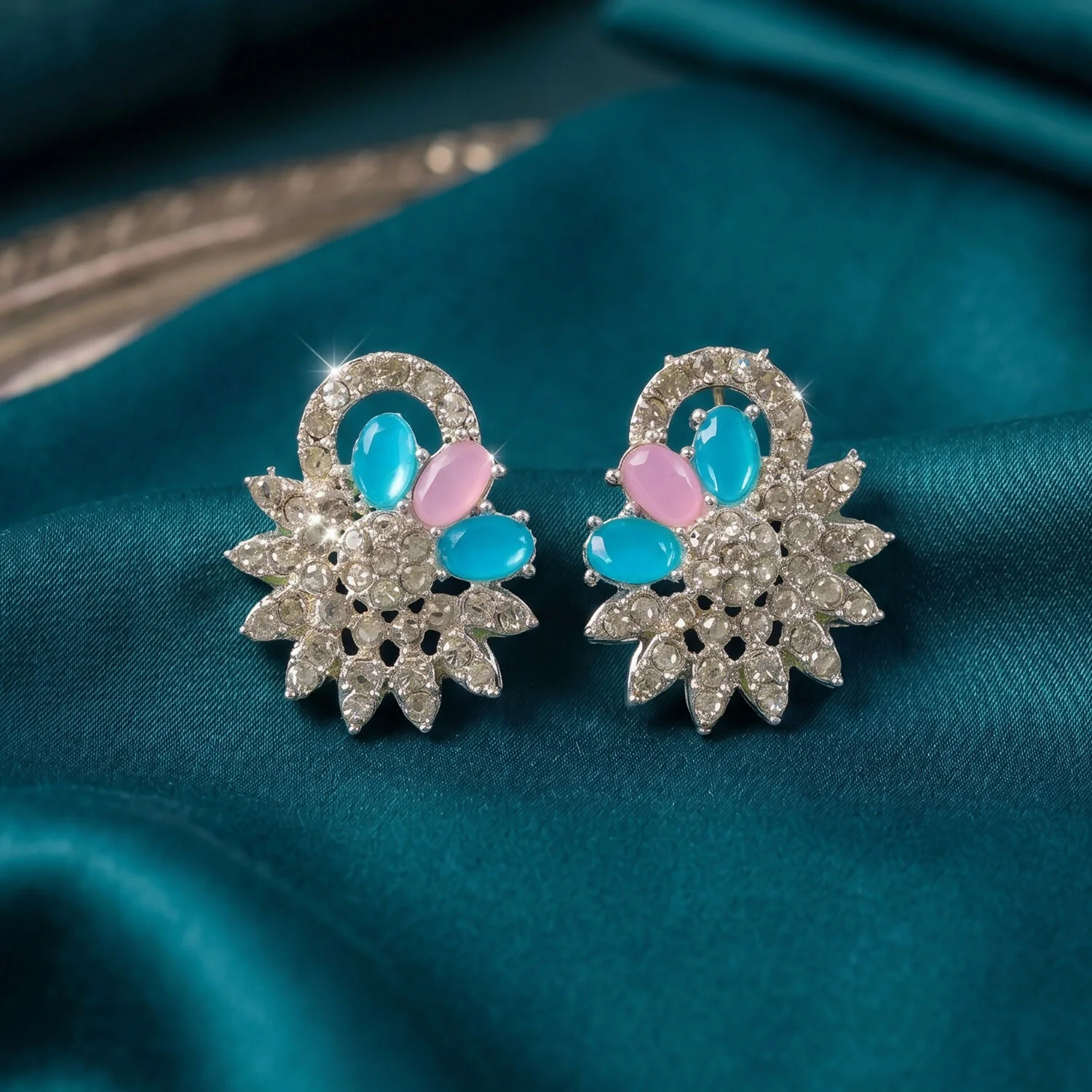 Beautiful Blue and Pink Floral Necklace Set with Matching Earrings for Festive Events - Image 4
