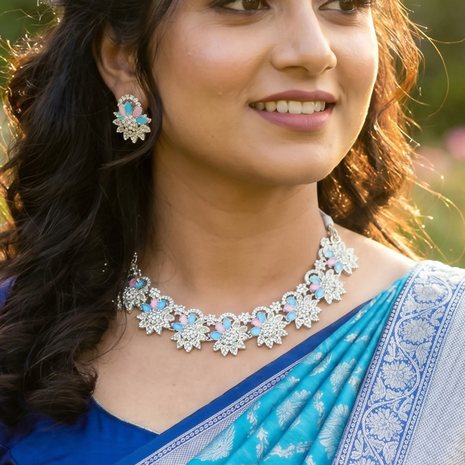 Beautiful Blue and Pink Floral Necklace Set with Matching Earrings for Festive Events - Image 5