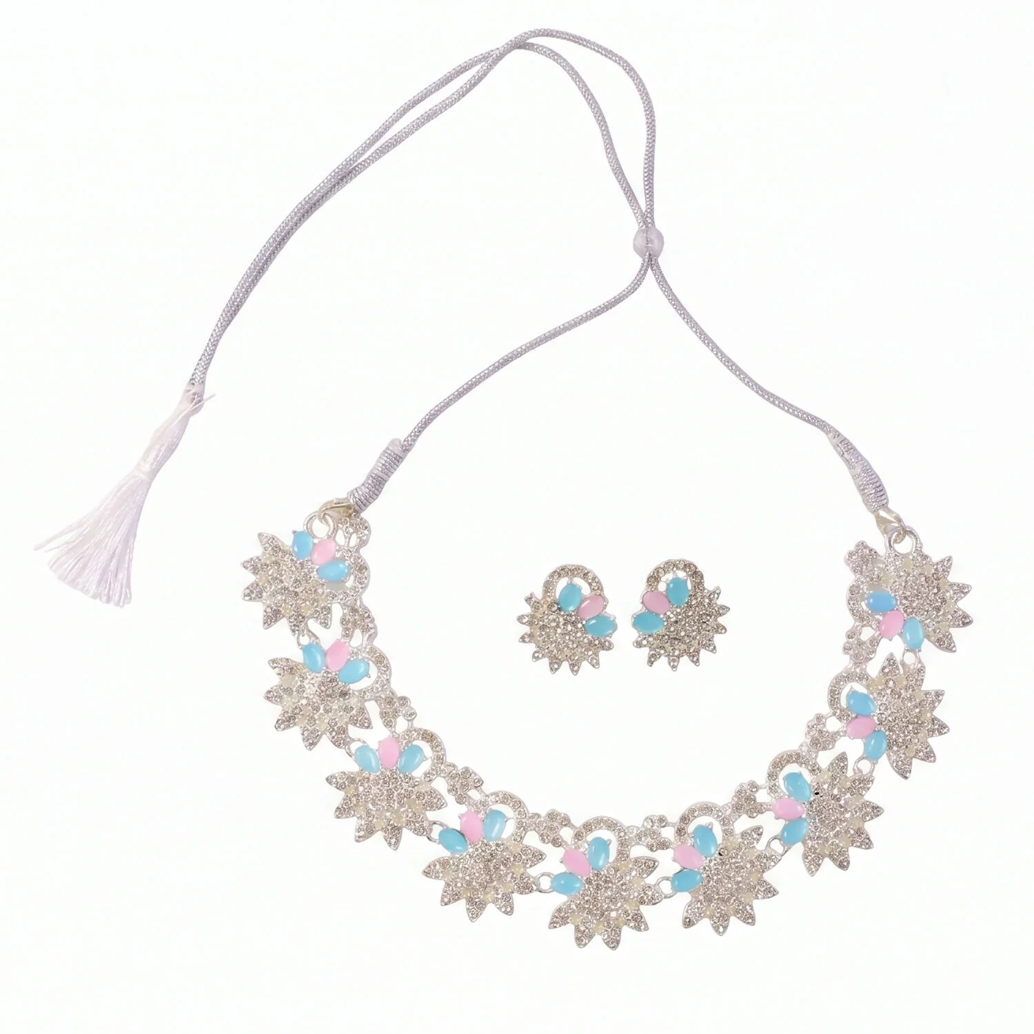 Beautiful Blue and Pink Floral Necklace Set with Matching Earrings for Festive Events - Image 6