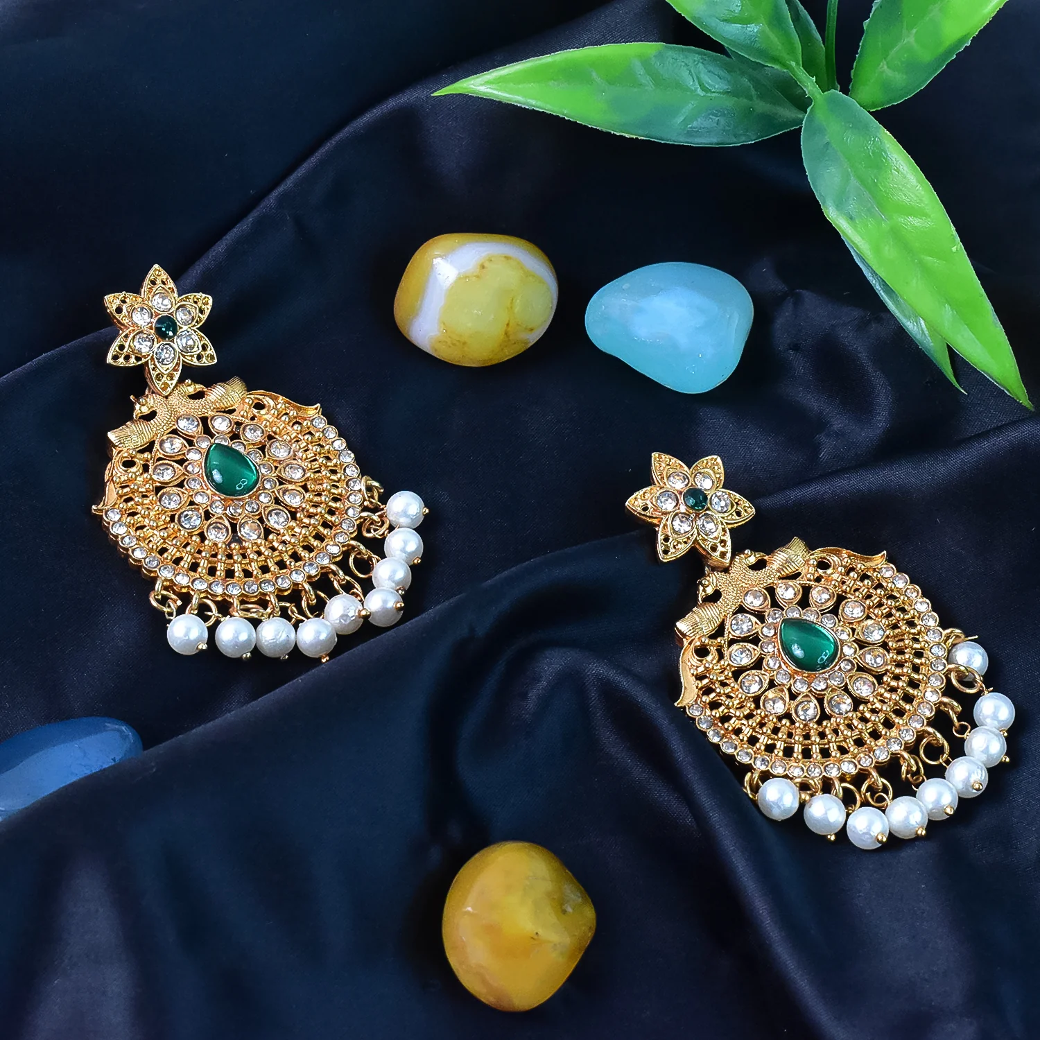 Beautiful Crafted Peacock Design American Diamond Pearl Earrings (1 Pair) - Image 2