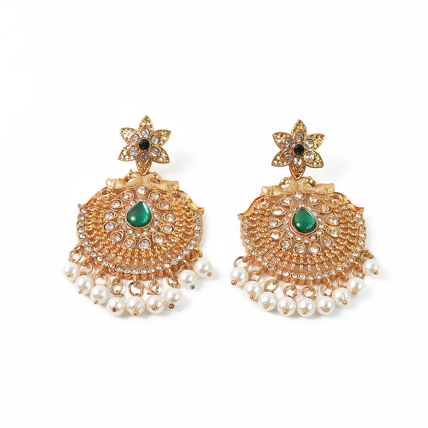 Beautiful Crafted Peacock Design American Diamond Pearl Earrings (1 Pair) - Image 3