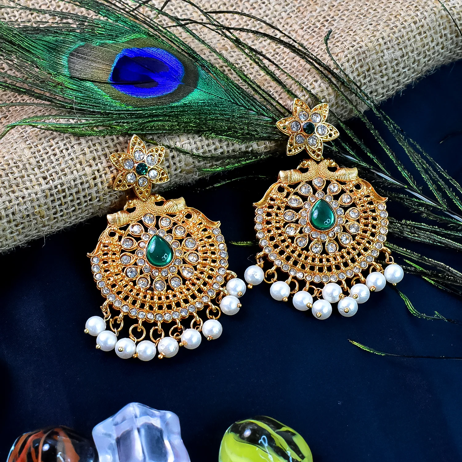 Beautiful Crafted Peacock Design American Diamond Pearl Earrings (1 Pair) - Image 4