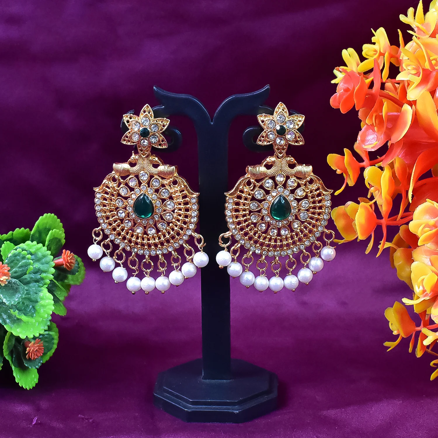 Beautiful Crafted Peacock Design American Diamond Pearl Earrings (1 Pair) - Image 5