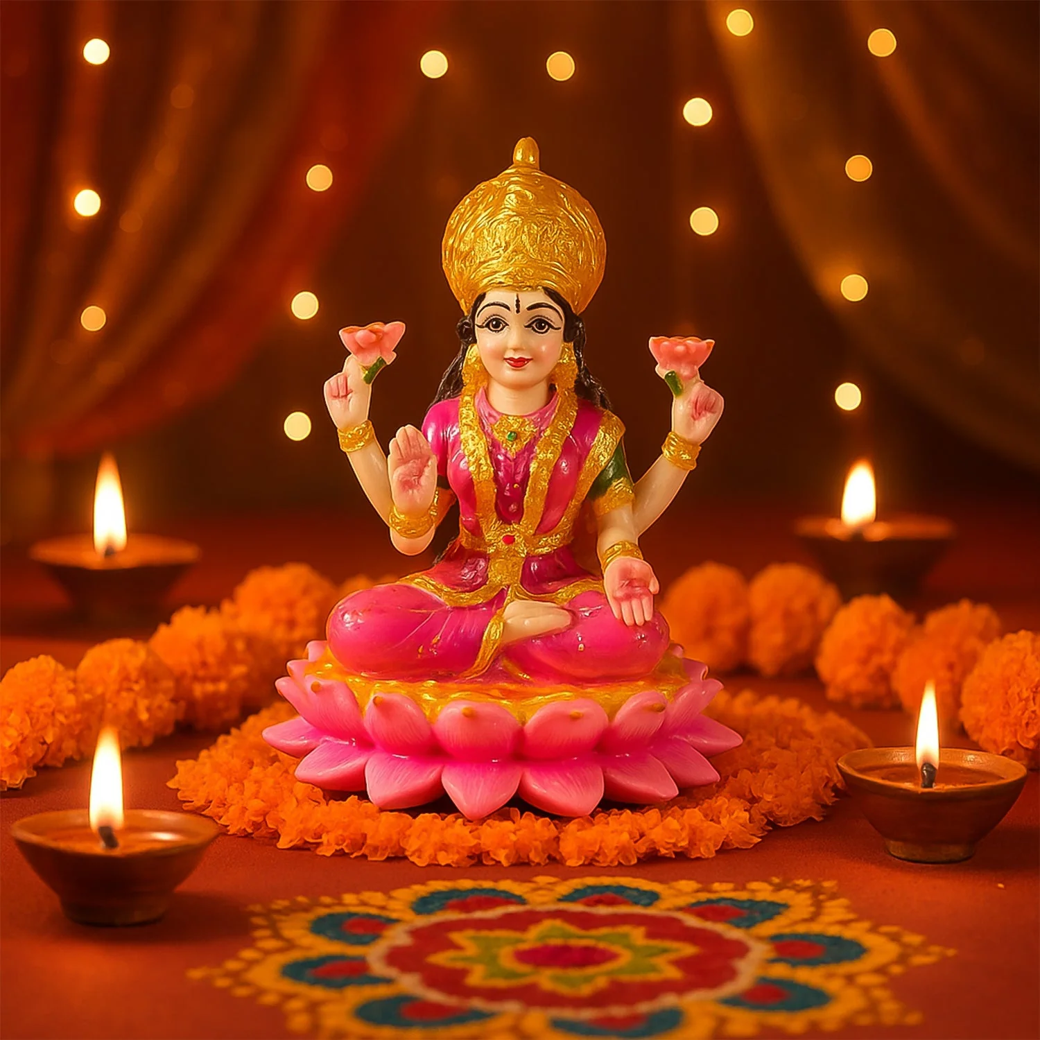 Beautiful Decorative Lakshmi Mata Idol Sitting on Lotus (1 Pc) - Image 4