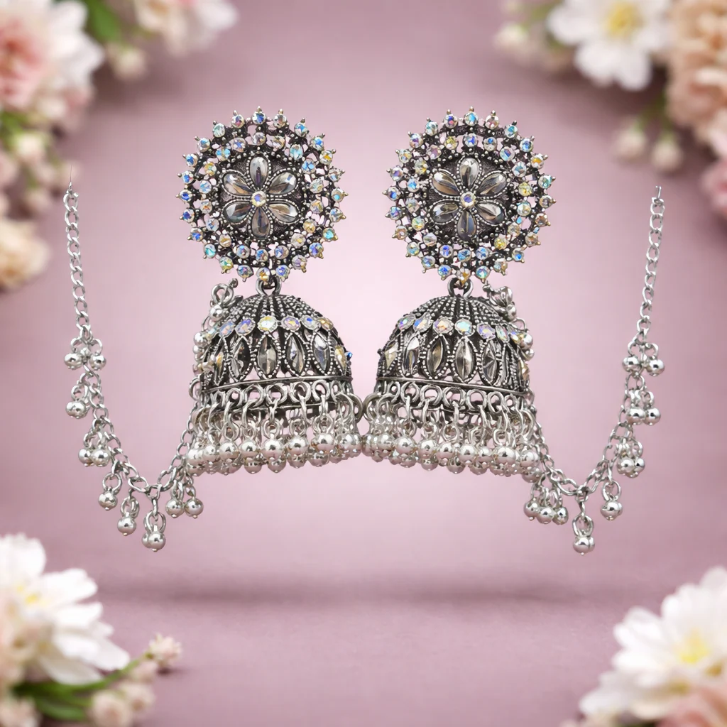 beautiful elegant jhumka earrings with kanchain - Image 2