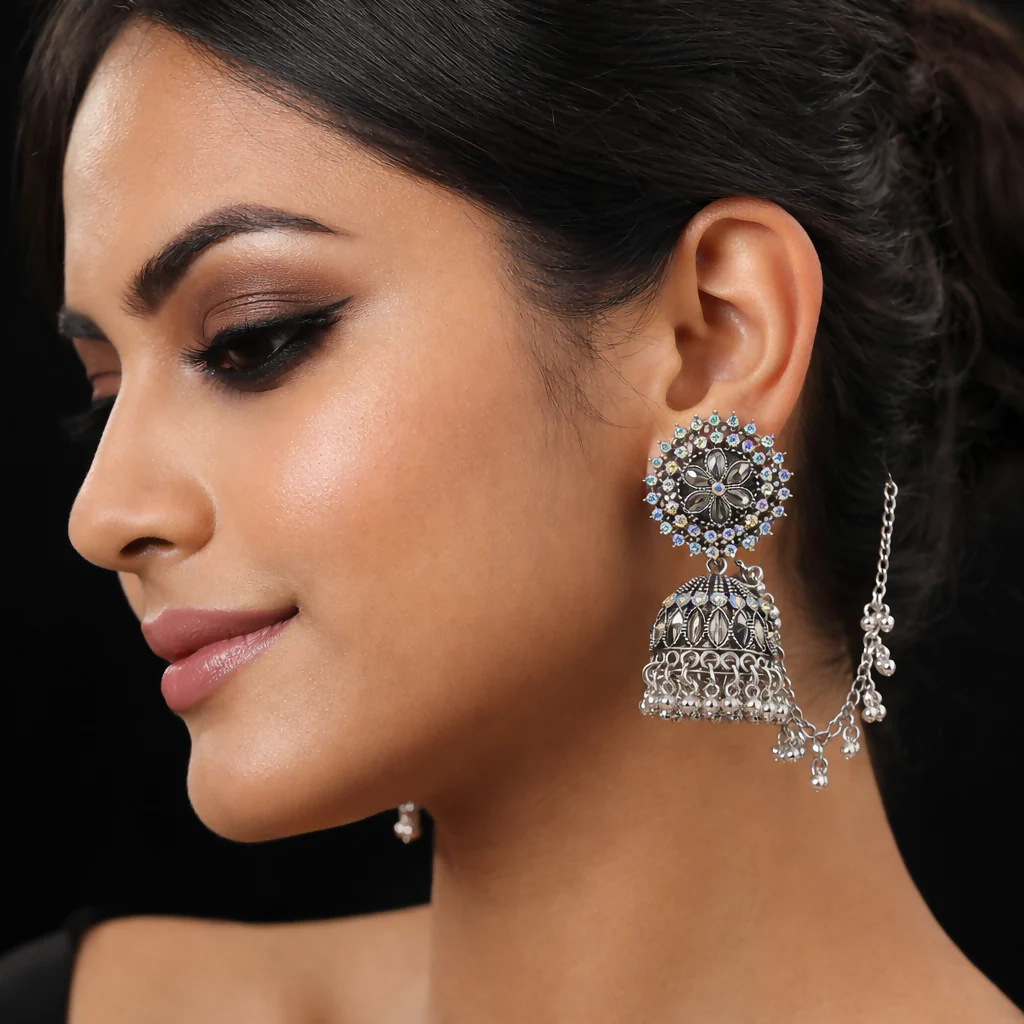 beautiful elegant jhumka earrings with kanchain - Image 3