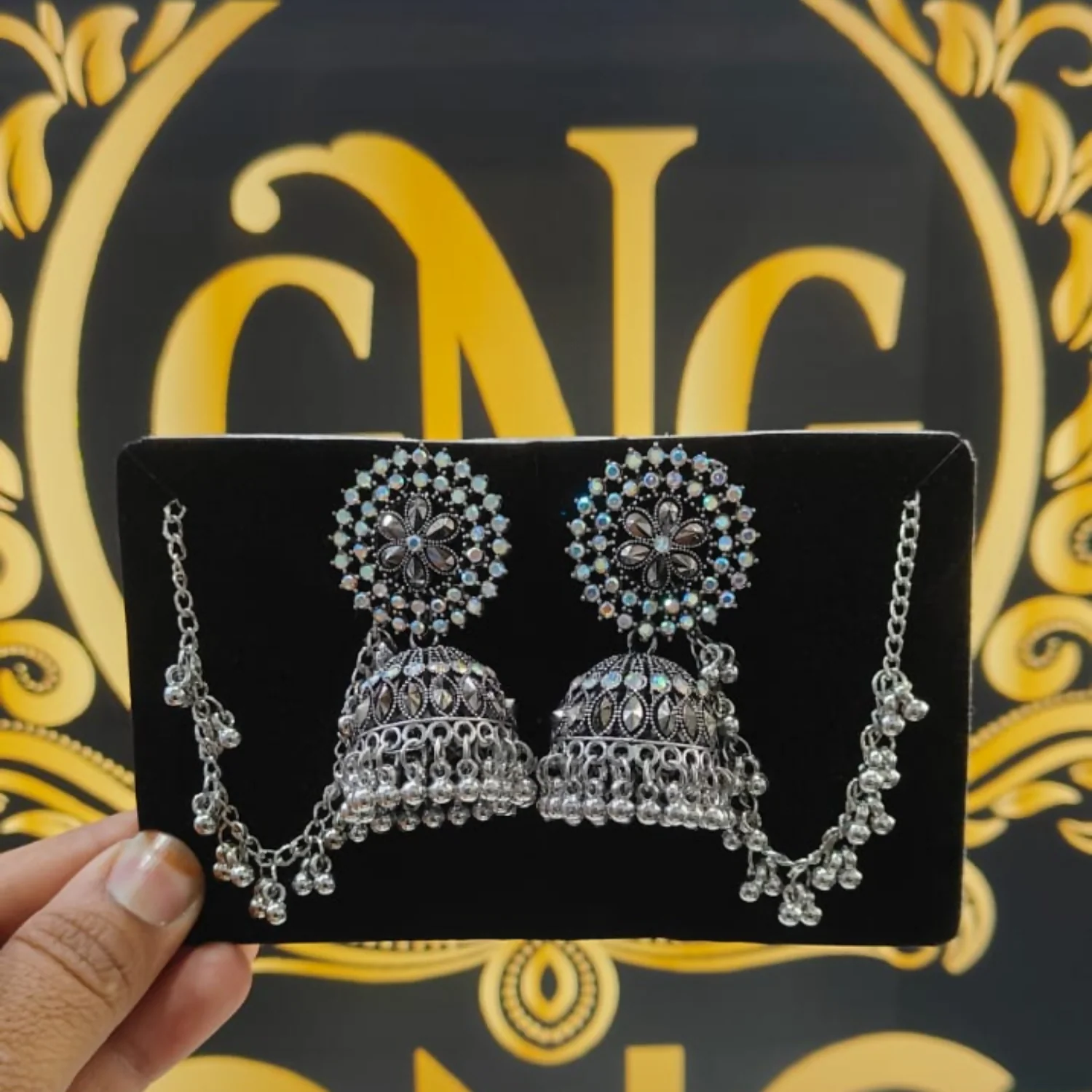 beautiful elegant jhumka earrings with kanchain - Image 4