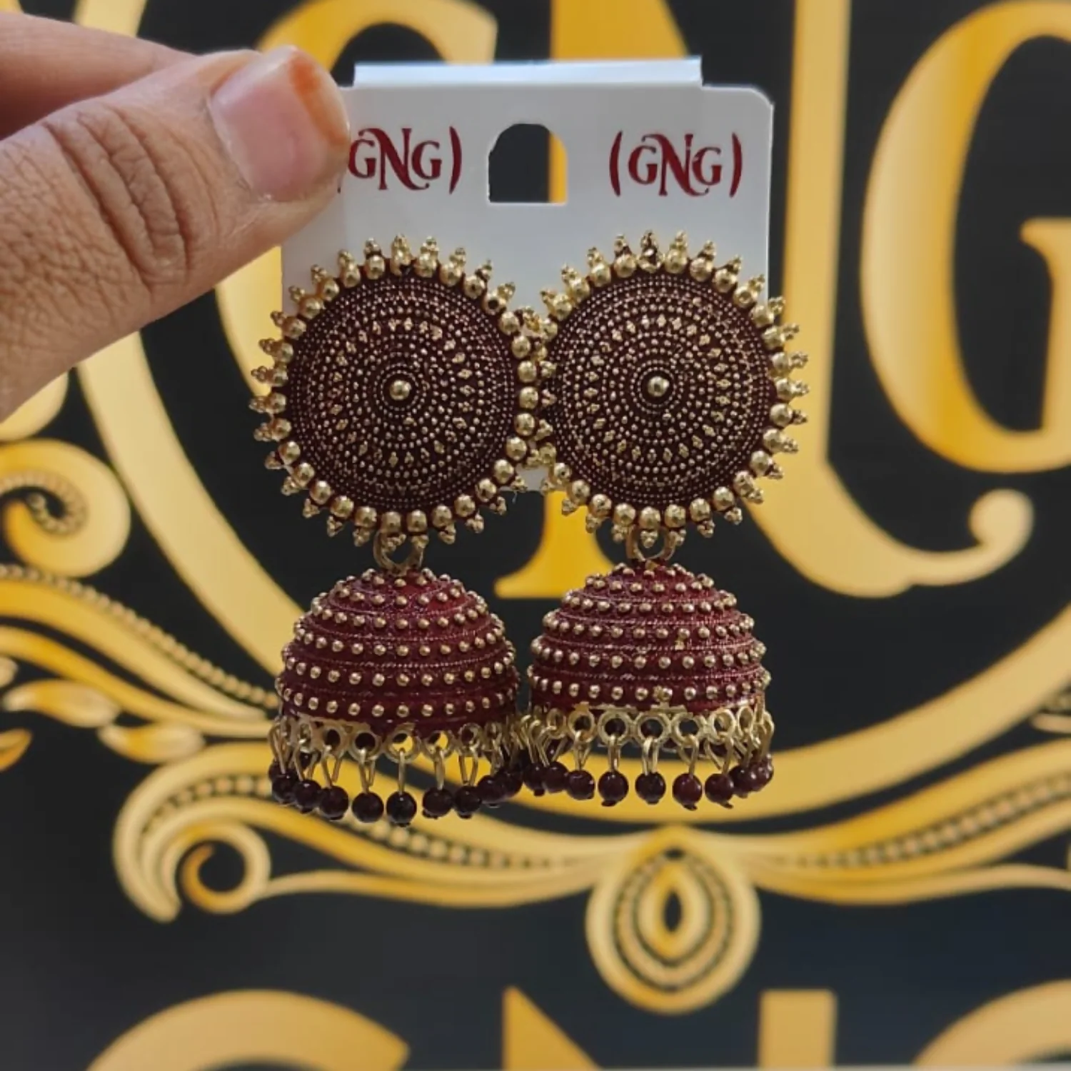 beautiful elegant oxidised jhumka earrings in maroon colour - Image 4