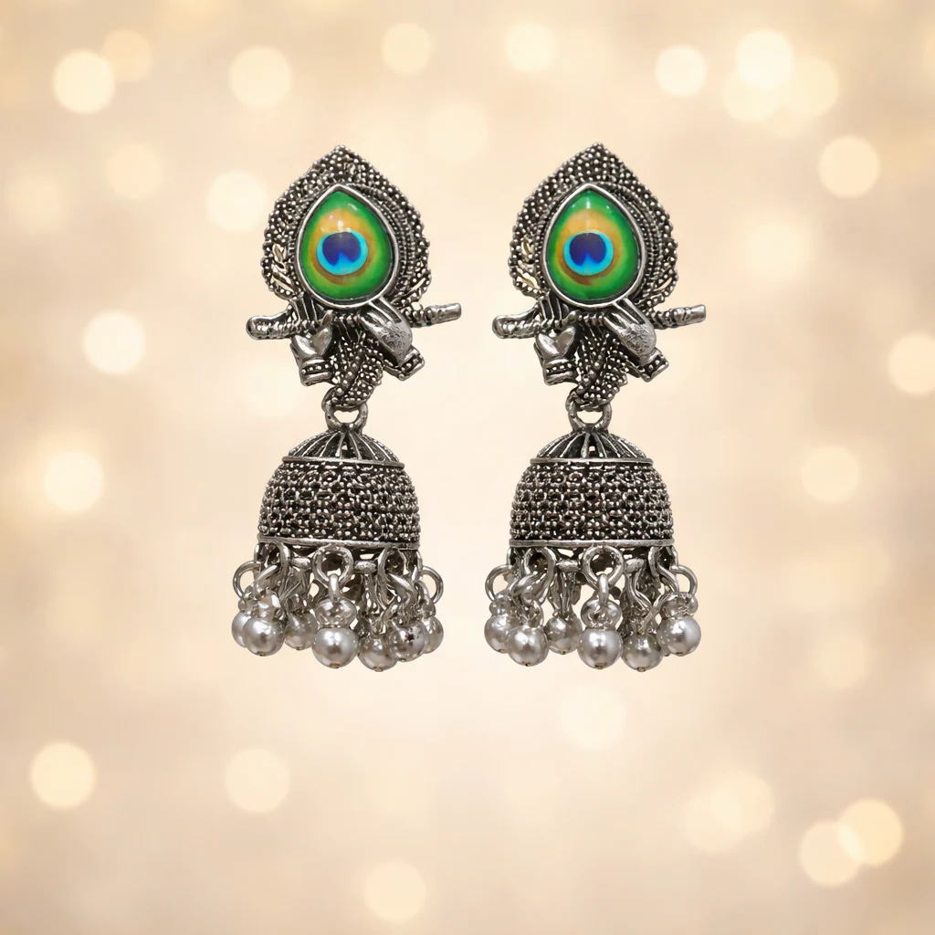 Beautiful Elegant Silver Oxidised Peacock Design Traditional Jhumka Earrings for Women - Image 2