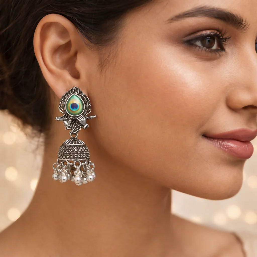 Beautiful Elegant Silver Oxidised Peacock Design Traditional Jhumka Earrings for Women - Image 3