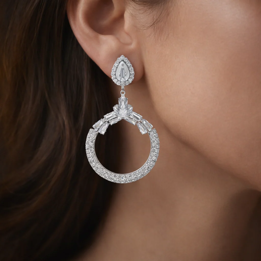 Beautiful Elegant Silver-Tone Chandbali Statement Earrings - Image 2