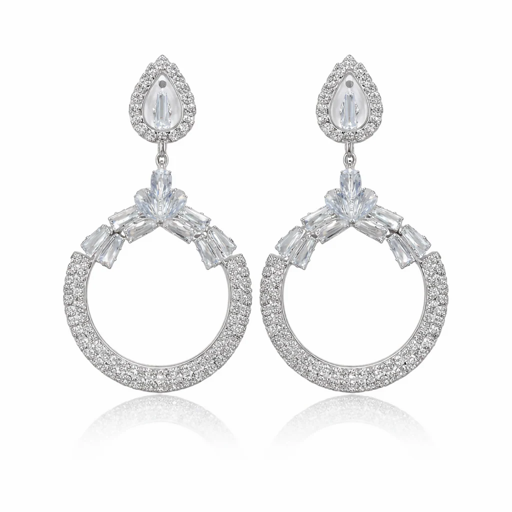 Beautiful Elegant Silver-Tone Chandbali Statement Earrings - Image 3