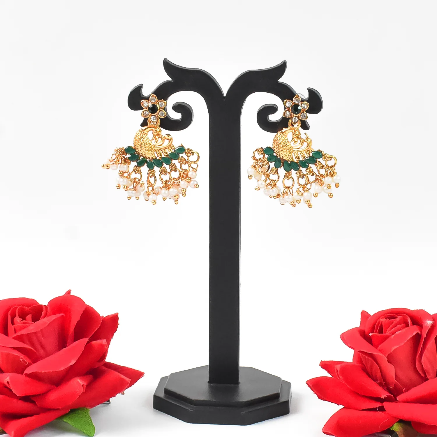 Beautiful Peacock Design American Diamond Pearl Earrings (1 Pair) - Image 2