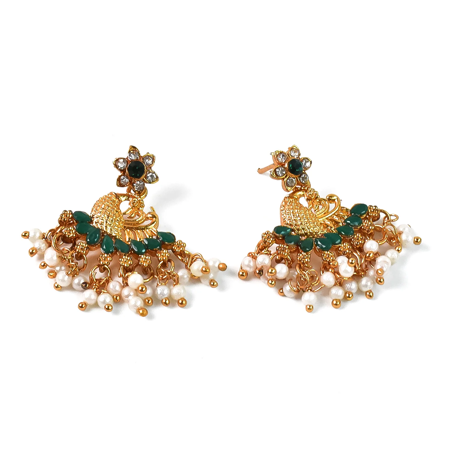 Beautiful Peacock Design American Diamond Pearl Earrings (1 Pair) - Image 3