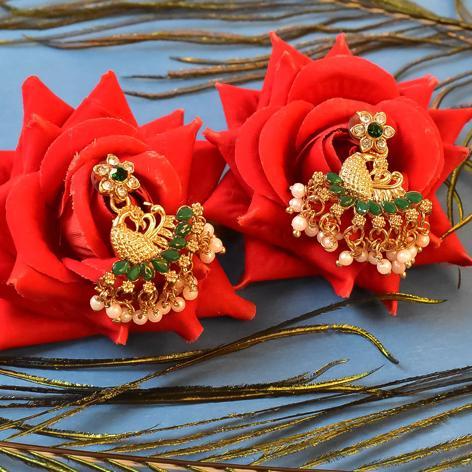 Beautiful Peacock Design American Diamond Pearl Earrings (1 Pair) - Image 4