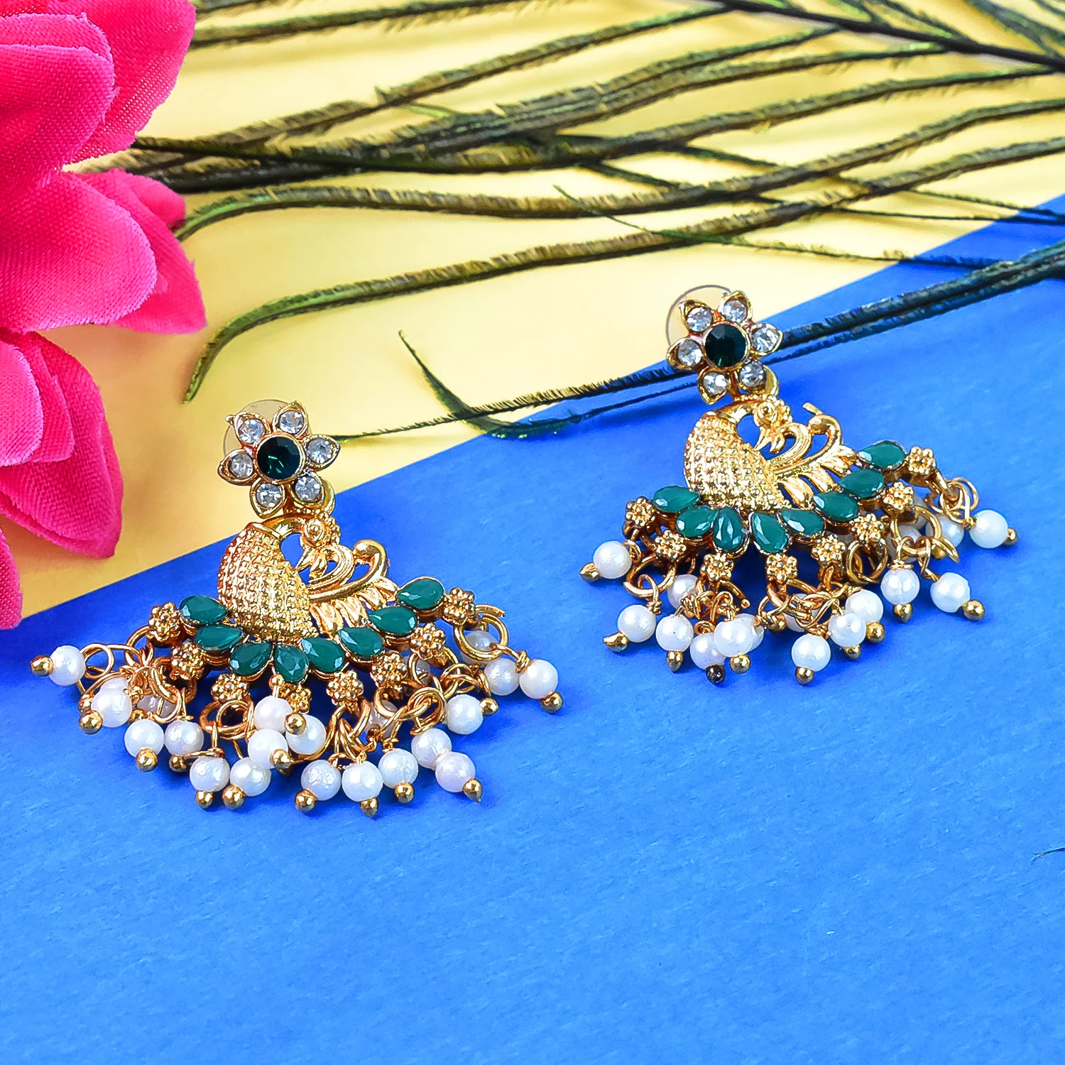 Beautiful Peacock Design American Diamond Pearl Earrings (1 Pair) - Image 5
