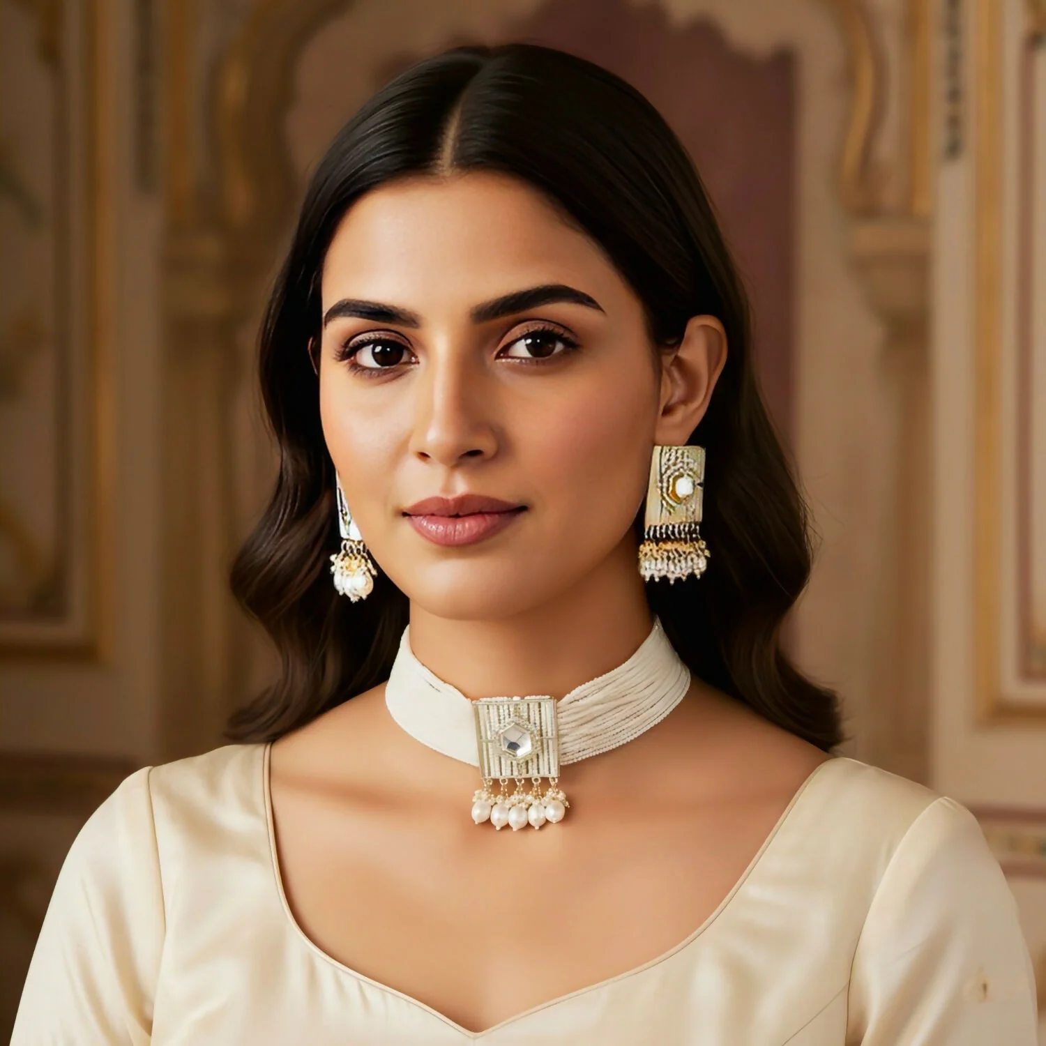 Beautifully Premium Quality Pearl Choker Necklace With Beautiful Earrings - Image 2