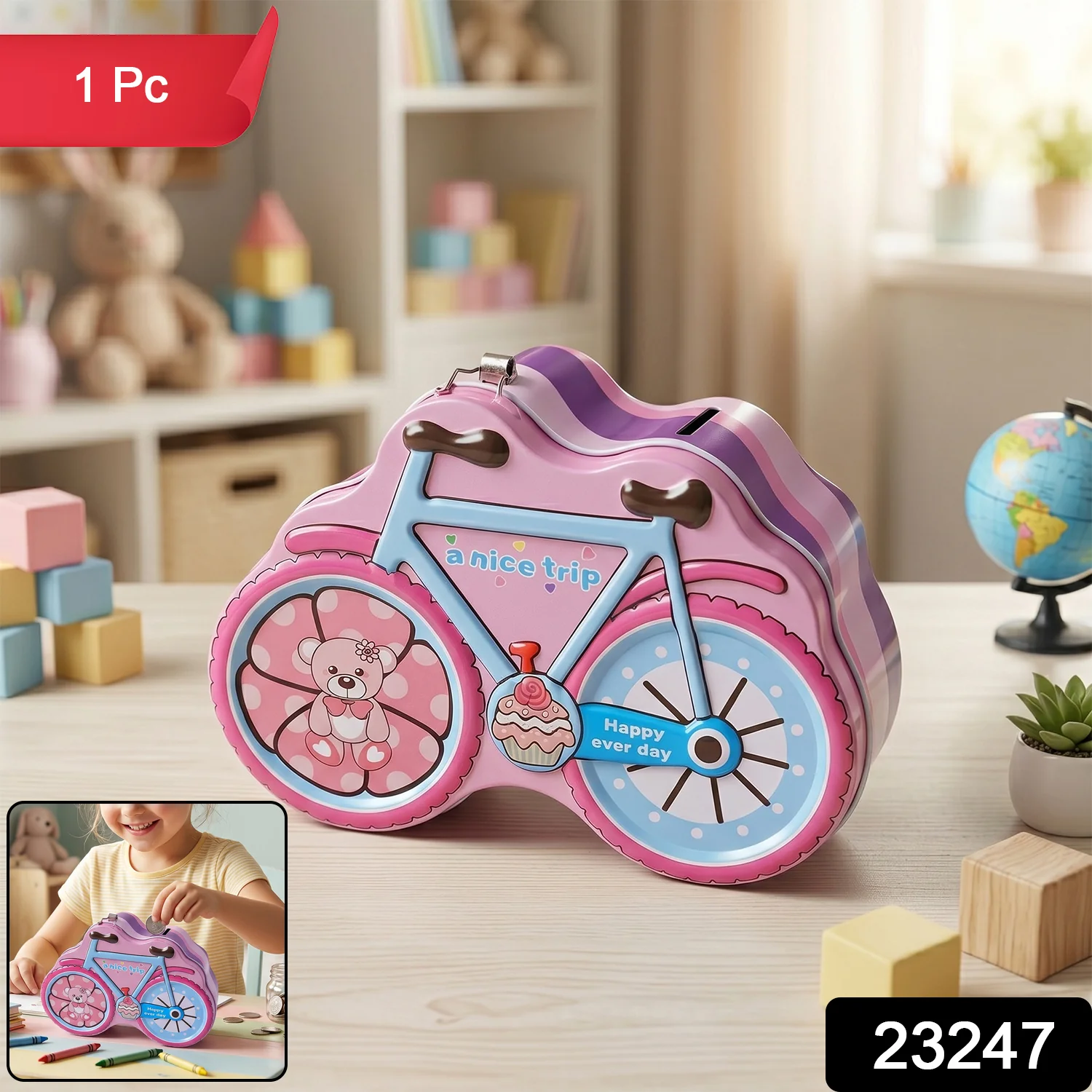 Bicycle Shape Piggy Bank With Lock & Key– 1 Pc, - Image 2