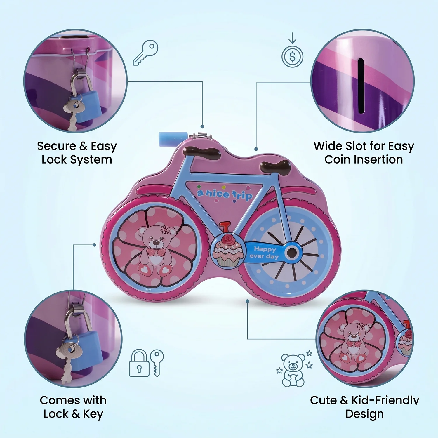 Bicycle Shape Piggy Bank With Lock & Key– 1 Pc, - Image 7