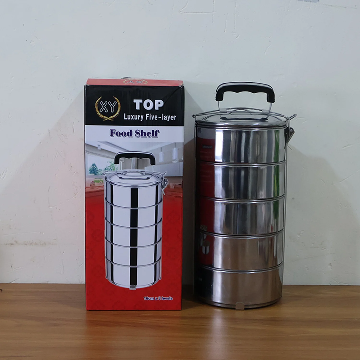 5 Compartment Lunch Box (Stainless Steel): Round Tiffin, Leakproof (16x5") - Image 10