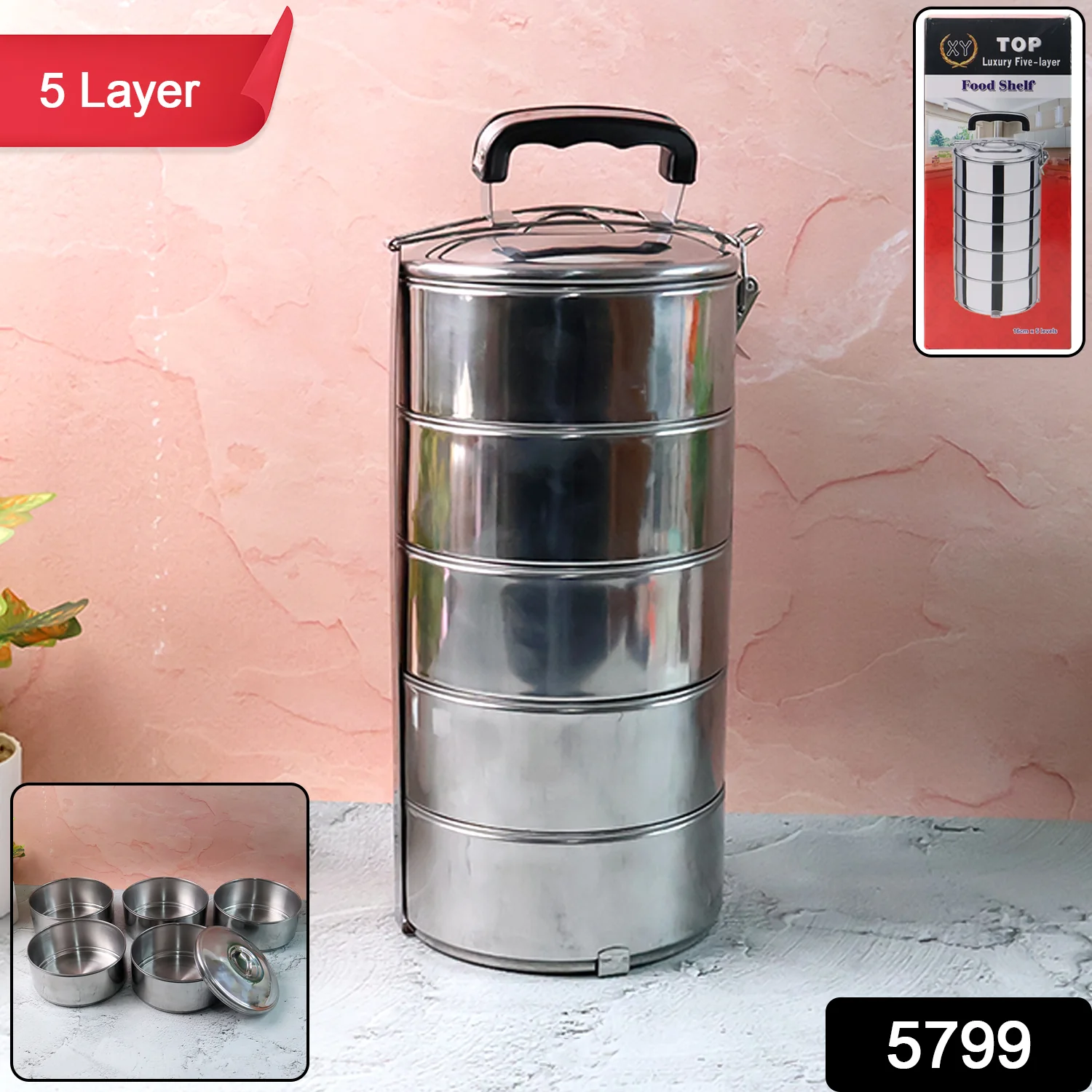 5 Compartment Lunch Box (Stainless Steel): Round Tiffin, Leakproof (16x5") - Image 2